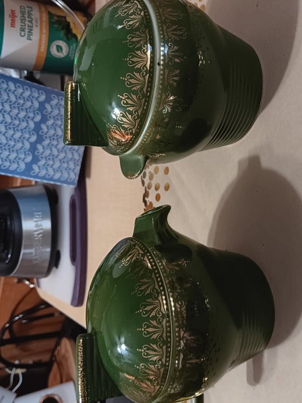 American Limoges Forest Green Trillium Sugar & Creamer set 22k Gold RARE